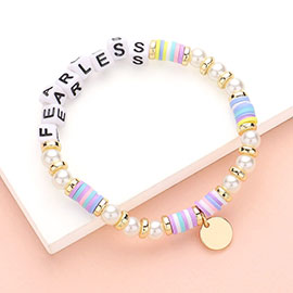 FEARLESS Message Pearl Heishi Beaded Metal Disc Plate Charm Stretch Bracelet