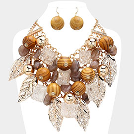 Oversized Wood Ball Clear Cube Metal Leaf Natural Stone Embellished Statement Necklace