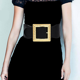 Oversized Hammered Open Metal Square Buckle Accented Elastic Belt