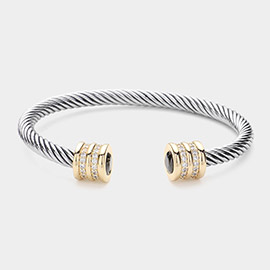 CZ Stone Paved Tip Two Tone Plated Cable Cuff Bracelet
