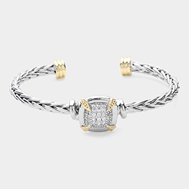 CZ Stone Paved Square Pointed Two Tone Plated Cuff Bracelet