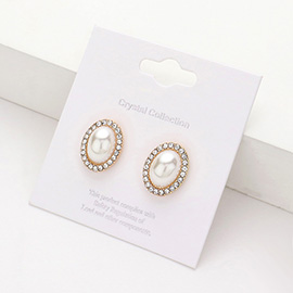 Pearl Centered Rhinestone Trimmed Stud Earrings