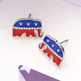Stone Paved Enamel American USA Republican Elephant Stud Earrings