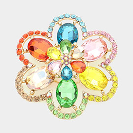 Oval Glass Stone Accented Rhinestone Paved Flower Pin Brooch