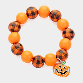 Enamel Halloween Pumpkin Charm Pointed Wood Beaded Bracelet
