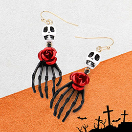 Halloween Rose Pointed Skull Skeleton Hand Dangle Earrings