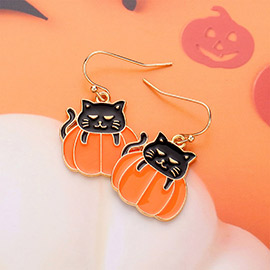 Enamel Halloween Pumpkin Cat Dangle Earrings