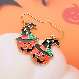 Enamel Halloween Pumpkin in Witch Hat Dangle Earrings