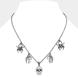 Stone Pointed Spider Web Stud Skeleton Hand Charm Station Necklace