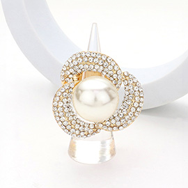 Pearl Centered Rhinestone Paved Flower Stretch Ring