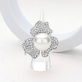 Pearl Pointed Rhinestone Paved Flower Stretch Ring