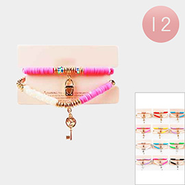 12 SET OF 2 - Lock Key Pendant Heishi Beaded Stretch Bracelets