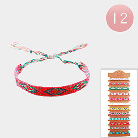 12PCS - Bohemian Aztec Pattern Braided Cinch Pull Tie Bracelets