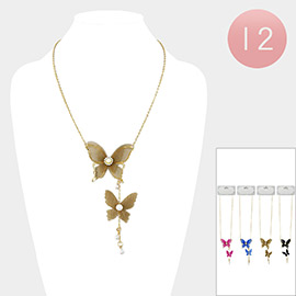 12PCS - Pearl Pointed Metal Cutout Butterfly Pendant  Necklaces