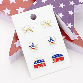 3Pairs - Bow American USA Star Republican Elephant Stud Earring Set