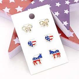 3Pairs - Bow American USA Star Democrat Donkey Stud Earring Set