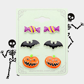 3Pairs - Enamel Halloween Candy Bat Pumpkin Stud Earring Set
