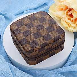 Faux Leather Checkered Pattern Portable Square Jewelry Box