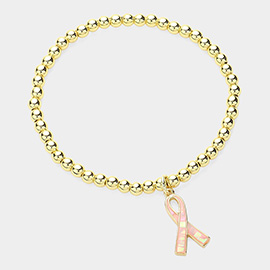 Pink Ribbon Charm Pointed Stainless Steel Ball Beaded Stretch Bracelet