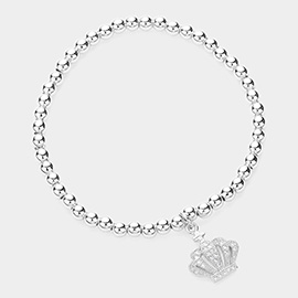 CZ Stone Paved Crown Charm Stainless Steel Ball Beaded Stretch Bracelet