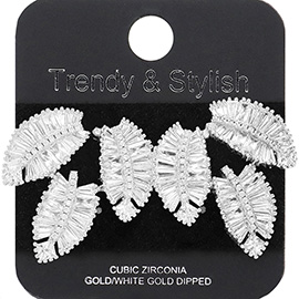 White Gold Dipped CZ Stone Embellished Leaves Evening Earrings