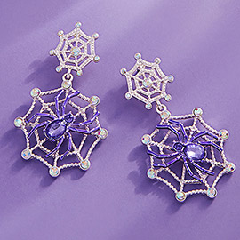 Stone Pointed Halloween Spider Web Link Dangle Earrings