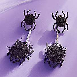 Stone Paved Bar Pointed Halloween Fuzzy Spider Dangle Earrings