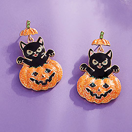 Enamel Halloween Black Cat in Pumpkin Dangle Earrings
