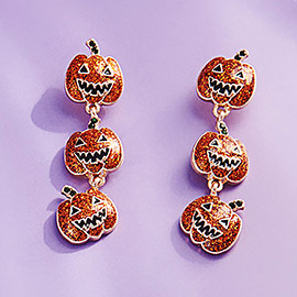 Glittered Enamel Halloween Pumpkin Link Dropdown Earrings