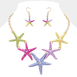 Colored Metal Stone Paved Starfish Link Bib Necklace