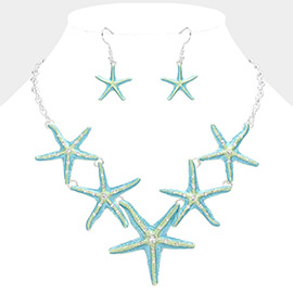 Colored Metal Stone Paved Starfish Link Bib Necklace