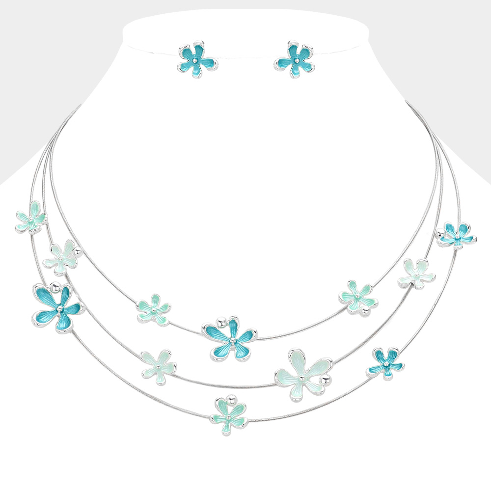 Colored Metal Flower Charm Station Wire Triple Layered Necklace