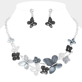 Colored Metal Butterfly Flower Link Bib Necklace
