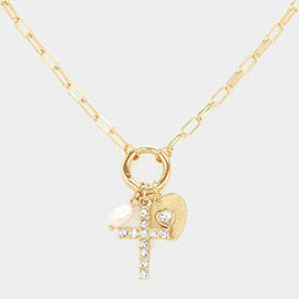 Stone Paved Cross Pearl Heart Pendant Nekcklace