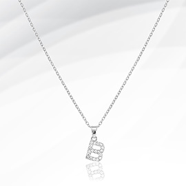 -B- Stainless Steel CZ Stone Paved Monogram Pendant Necklace