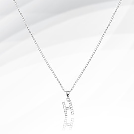 -H- Stainless Steel CZ Stone Paved Monogram Pendant Necklace