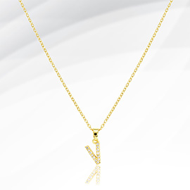 -V- Stainless Steel CZ Stone Paved Monogram Pendant Necklace
