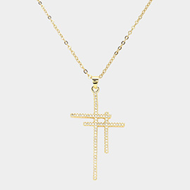 CZ Stone Paved Double Cross Pendant Stainless Steel Necklace