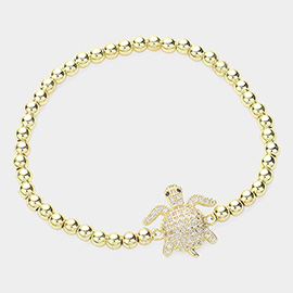 CZ Stone Paved Turtle Pointed Stainless Steel Ball Beaded Stretch Bracelet