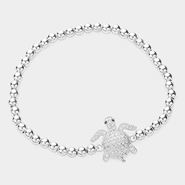 CZ Stone Paved Turtle Pointed Stainless Steel Ball Beaded Stretch Bracelet