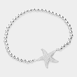 CZ Stone Paved Starfish Pointed Stainless Steel Ball Beaded Stretch Bracelet