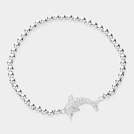 CZ Stone Paved Dolphin Pointed Stainless Steel Ball Beaded Stretch Bracelet