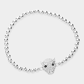 CZ Stone Paved Panther Pointed Stainless Steel Ball Beaded Stretch Bracelet