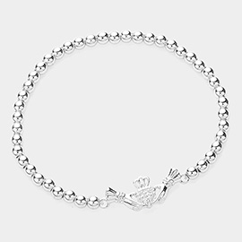 CZ Stone Paved Irish Claddagh Pointed Stainless Steel Ball Beaded Stretch Bracelet