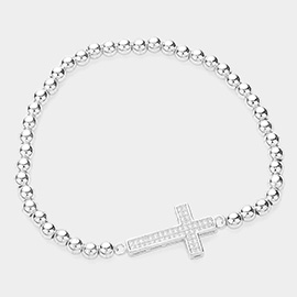 CZ Stone Paved Cross Pointed Stainless Steel Ball Beaded Stretch Bracelet