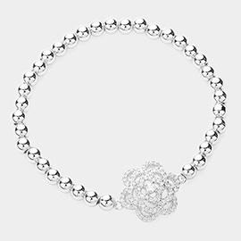 CZ Stone Paved Flower Pointed Stainless Steel Ball Beaded Stretch Bracelet