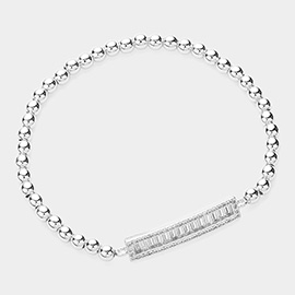 Emerald Cut CZ Stone Bar Pointed Stainless Steel Ball Beaded Stretch Bracelet