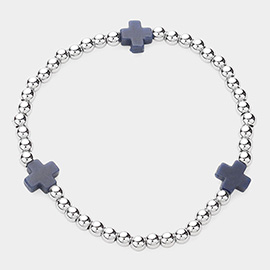 Cross Pointed Stainless Steel Ball Beaded Stretch Bracelet