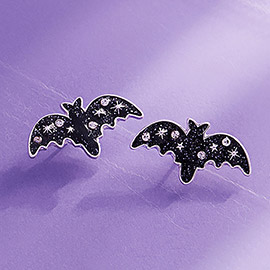 Stone Paved Sparkly Halloween Bat Stud Earrings