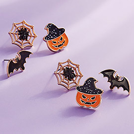 3Pairs - Enamel Halloween Pumpkin Spider Web Bat Stud Earring Set